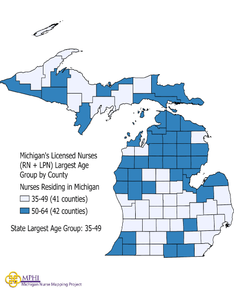 largest age group map of Michigan nurses in 2023
